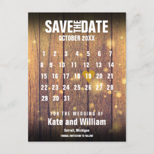Carte Postale Faire-part Calendrier Rustique Bois Enregistrer la date Gold 