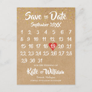 Carte Postale Faire-part Calendrier Rustique Kraft Red Heart Enregistrer la