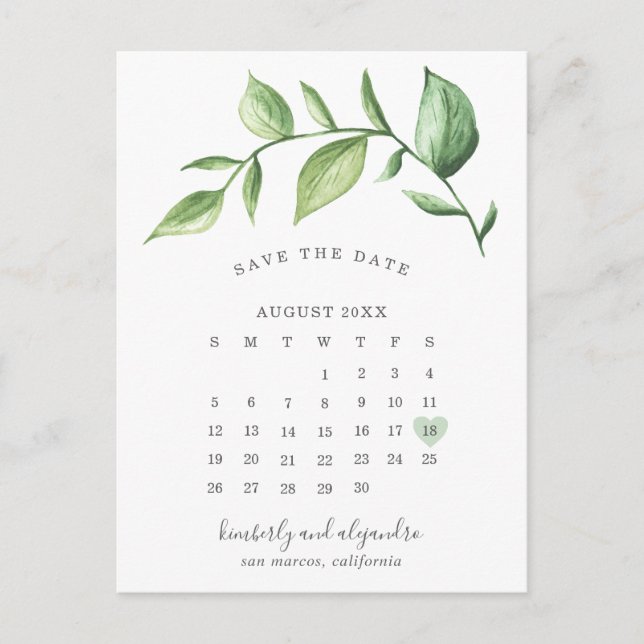 Carte Postale Faire-part Calendrier Rustique Verdure Enregistrez la Date (Devant)