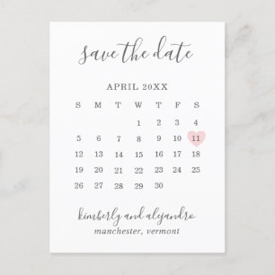 Carte Postale Faire-part Calendrier simple Pastel Pink Heart Enregistrer la