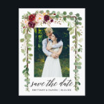 Carte Postale Faire-part Calligraphie Botanique Floral Enregistrer La Date<br><div class="desc">Script De Calligraphie Moderne,  Aquarelle Botanique Vert Eucalyptus Feuilles,  Cadre En Bois,  Aquarelle Burgundy Marsala Floral,  Enregistrer La Date Fiançailles Faire-part Couple Photo Carte Postale</div>