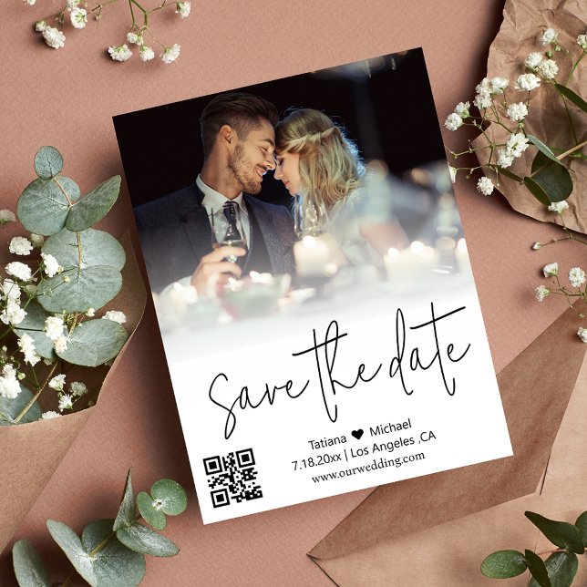 Carte Postale Faire-part calligraphie code qr couple photo save the date  (Créateur téléchargé)