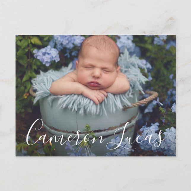 Carte Postale Faire-part Calligraphie de script blanc et gris Collage Naiss (Devant)