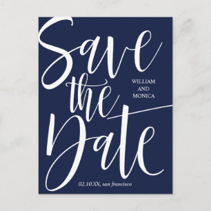 Carte Postale Faire-part Calligraphie en gras Blanc bleu marine mariage m