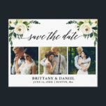 Carte Postale Faire-part Calligraphie Fleur Verte Enregistrer La Date 3 Pho<br><div class="desc">Écriture Calligraphique Moderne,  Aquarelle Fleur Verte Blanche,  Enregistrer La Date Annonce De Fiançailles Couple 3 Photo Carte Postale</div>