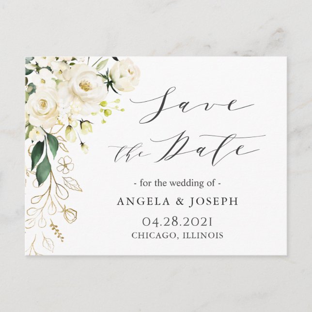 Carte Postale Faire-part Calligraphie florale de rose blanche Script Enregi (Devant)