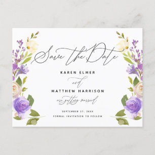 Carte Postale Faire-part Calligraphie Florale Violet Enregistrer La Date