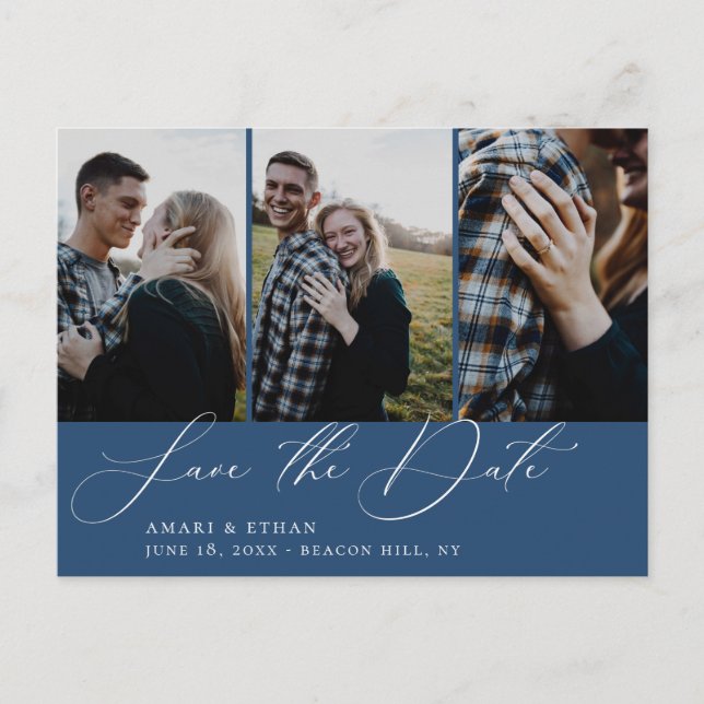 Carte Postale Faire-part Calligraphie moderne Marine Photo bleu Enregistrer (Devant)