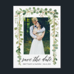 Carte Postale Faire-part Calligraphie Or Botanique Enregistrer La Date Phot<br><div class="desc">Script Calligraphie Moderne,  Aquarelle Botanique Vert Eucalyptus Feuilles,  Or Enregistrer La Date Fiançailles Faire-part Couple Photo Carte Postale</div>