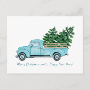 Carte Postale Faire-part Camion bleu turquoise vintage avec arbres de Noël