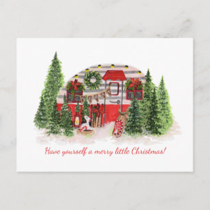Carte Postale Faire-part Camper rouge décoré vintage arbres de Noël