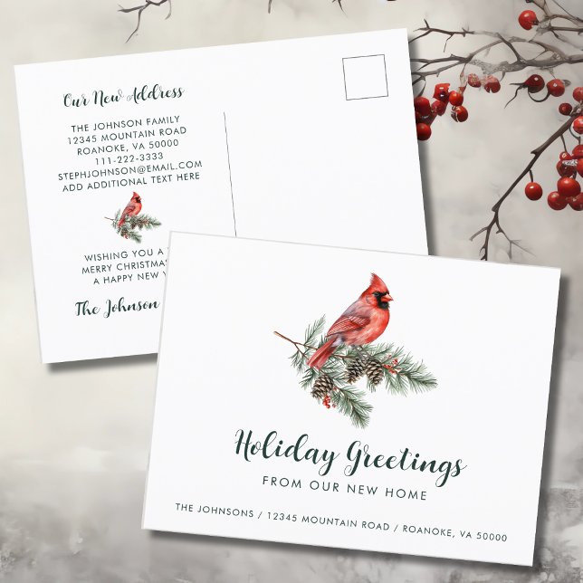 Carte Postale Faire-part Cardinal Rouge Bonjour de New Home (Red Cardinal Holiday Greetings from New Home Moving Announcement Postcard)