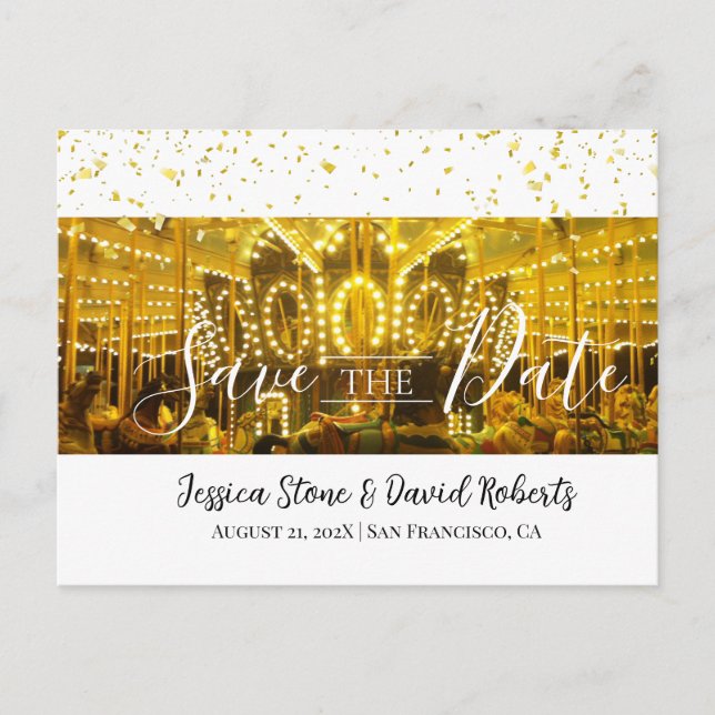 Carte Postale Faire-part Carousel Merry-Go-Round Gold Confetti Mariage (Devant)