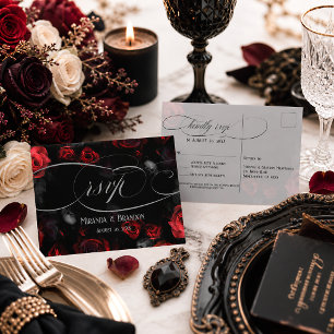 Carte Postale Faire-part Carton de réponse de mariage floral noir élégant r