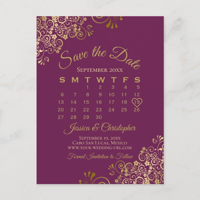 Carte Postale Faire-part Cassis Purple Gold Wedding Enregistrer le calendri (Devant)