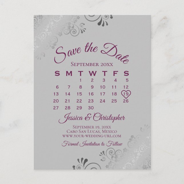 Carte Postale Faire-part Cassis Purple Grey Wedding Enregistrer le calendri (Devant)