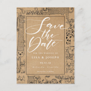 Carte Postale Faire-part Cats Rustic Kraft Script Enregistrer la date