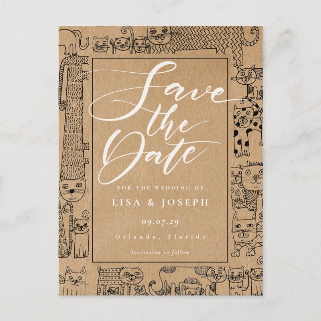 Carte Postale Faire-part Cats Rustic Kraft Script Enregistrer la date (Devant)