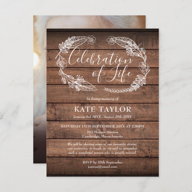 Carte Postale Faire-part Célébration de la vie en bois rustique Photo (Devant / Derrière)