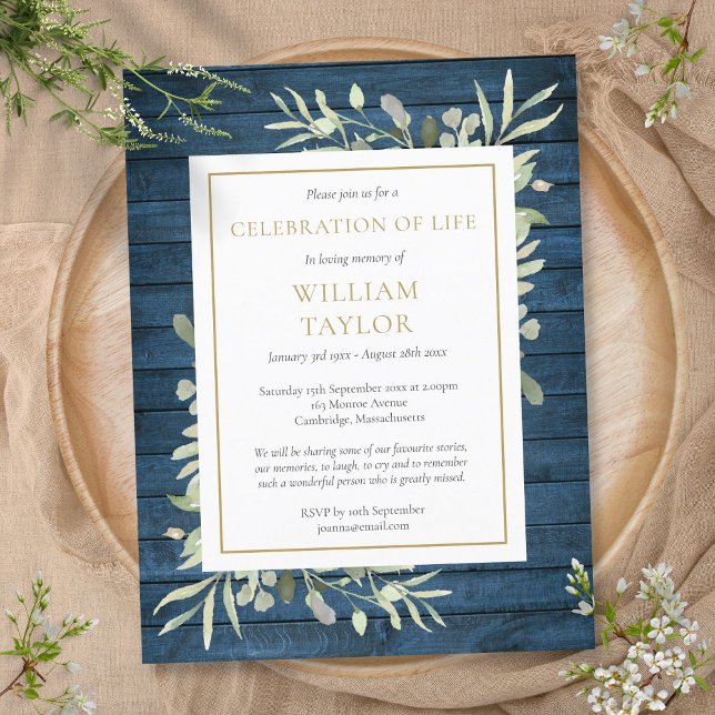 Carte Postale Faire-part Célébration de la vie funéraire au feuillage rusti (Blue Rustic Foliage Celebration of Life Funeral Announcement Postcard)