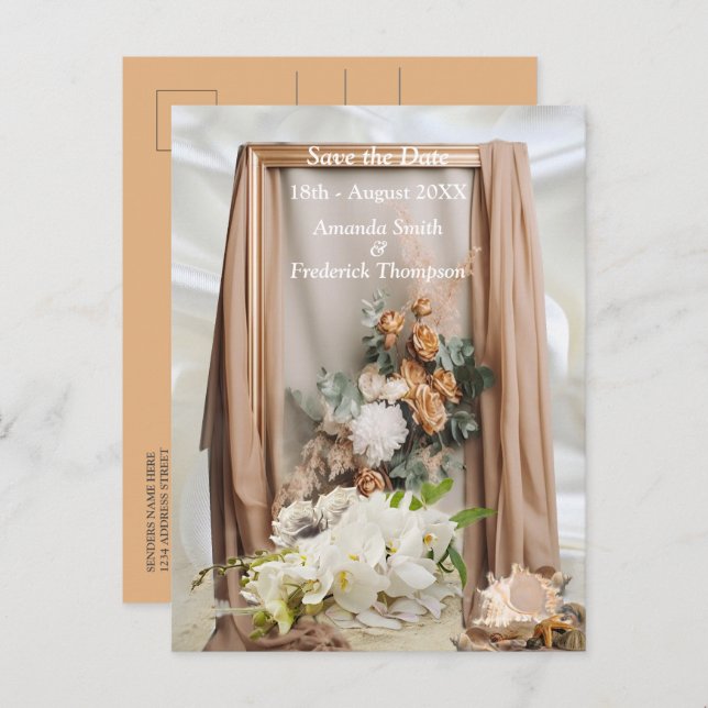 Carte Postale Faire-part Célébrations avec des fleurs blanches autour de so (Devant / Derrière)