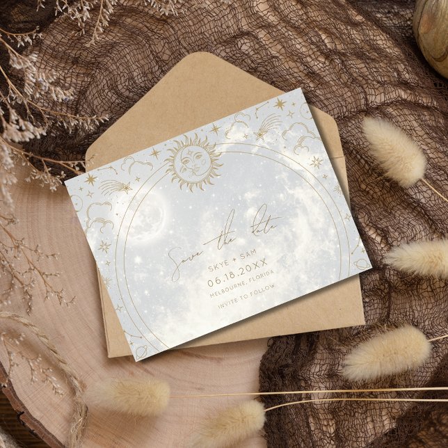 Carte Postale Faire-part Céleste Sun Moon Stars Mariage Enregistrer la date (Celestial Sun Moon Stars Wedding Save the Date)