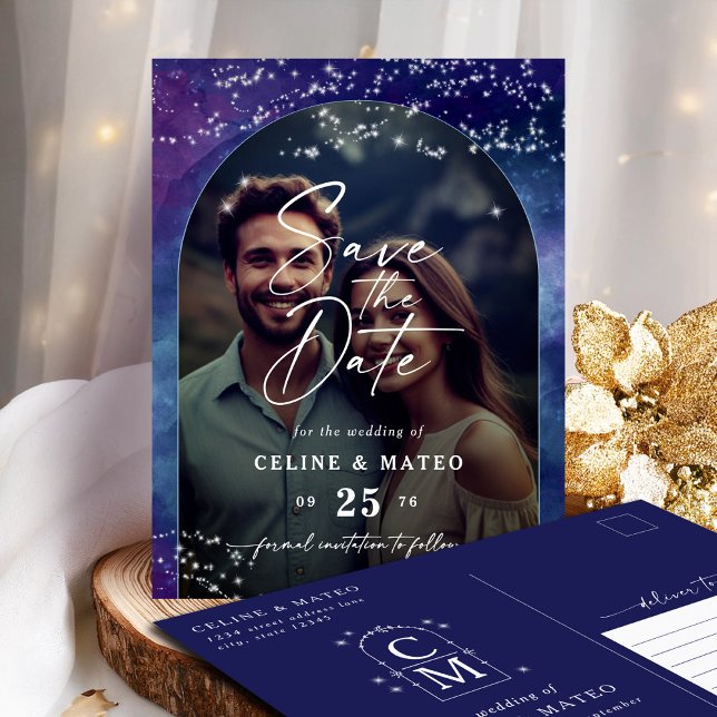 Carte Postale Faire-part Céline ・ Elegant Starry Sky Photo Enregistrer la d (Announce your wedding with the Celine Save the Date postcard, featuring a photo and monogram.)