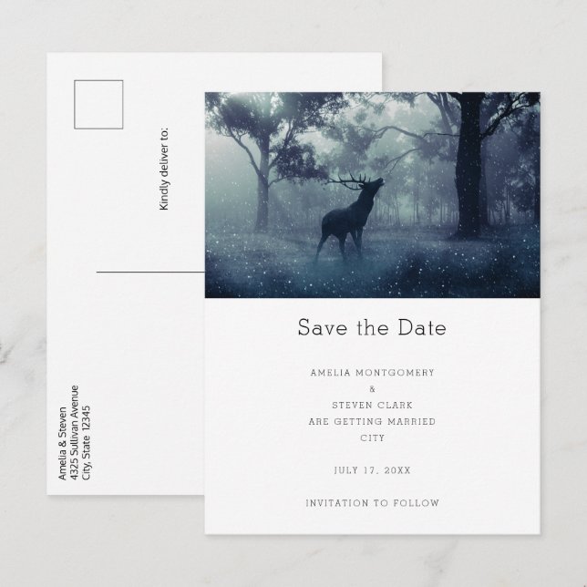 Carte Postale Faire-part Cerf avec Antlers dans le Mariage de Forêt Ombragé (Devant / Derrière)