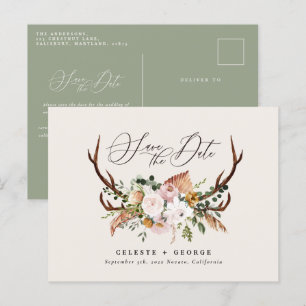 Carte Postale Faire-part Cerf botanique rustique mariage élégant vert sauge