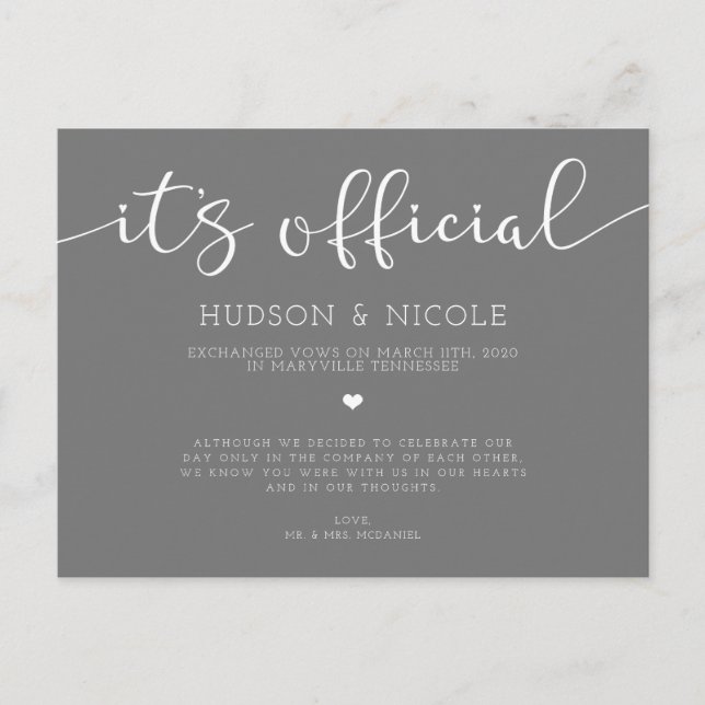 Carte Postale Faire-part C'est le Mariage officiel de l'Elopement (Devant)