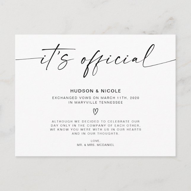 Carte Postale Faire-part C'est le Mariage officiel du Elopement (Devant)