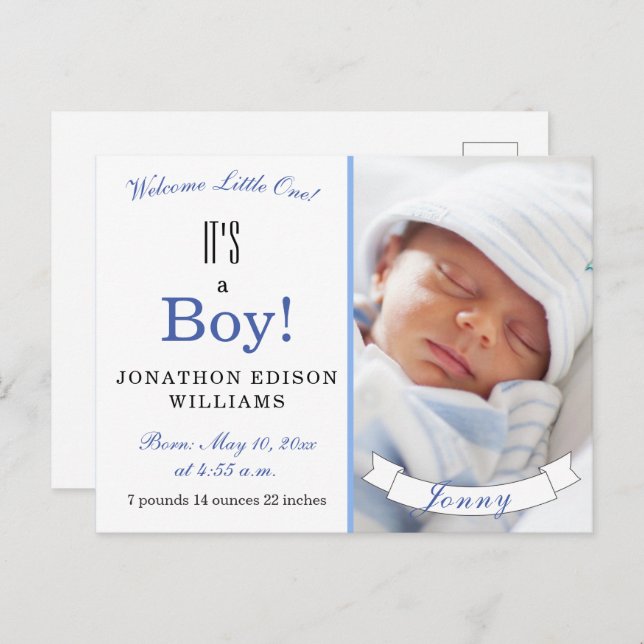 Carte Postale Faire-part C'est un garçon ! Photo Bébé bleu moderne naissanc (Devant / Derrière)