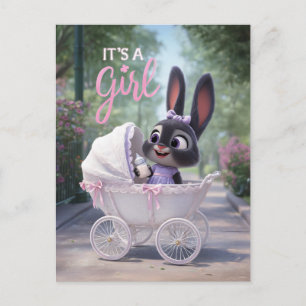 Carte Postale Faire-part C'est une fille : bébé lapin dans un landau en den
