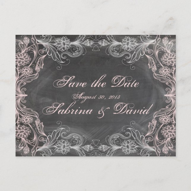 Carte Postale Faire-part Chalkboard Antique Pink Floral Enregistrer la date (Devant)