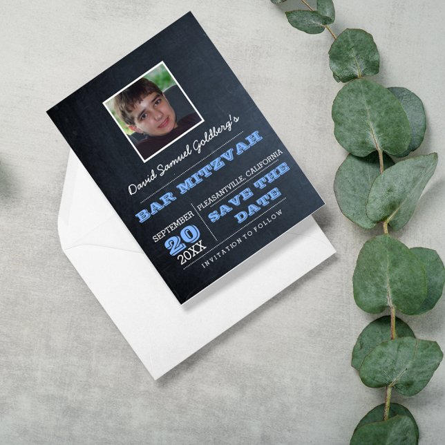 Carte Postale Faire-part Chalkboard Blue Bar Mitzvah Photo Enregistrer la d (Créateur téléchargé)