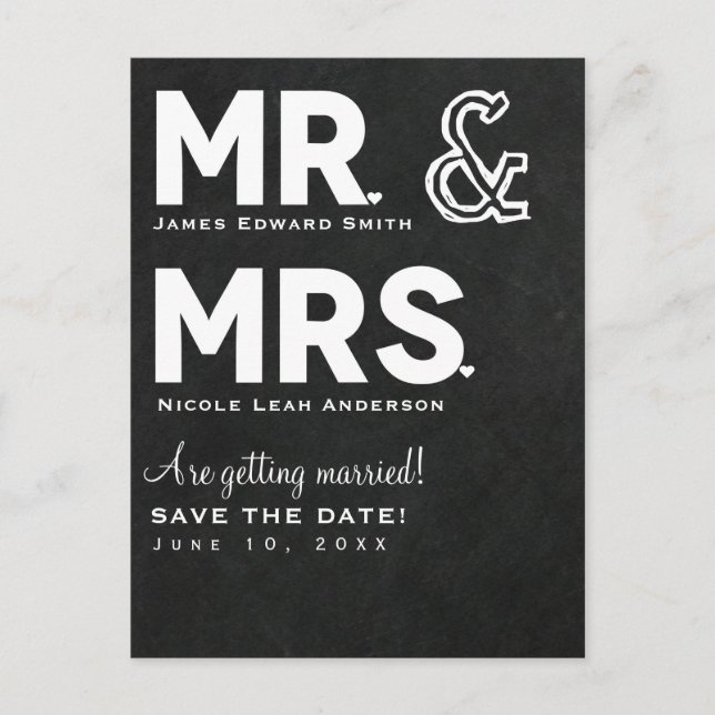 Carte Postale Faire-part Chalkboard Chalk M. & Mme Wedding Enregistrer la d (Devant)