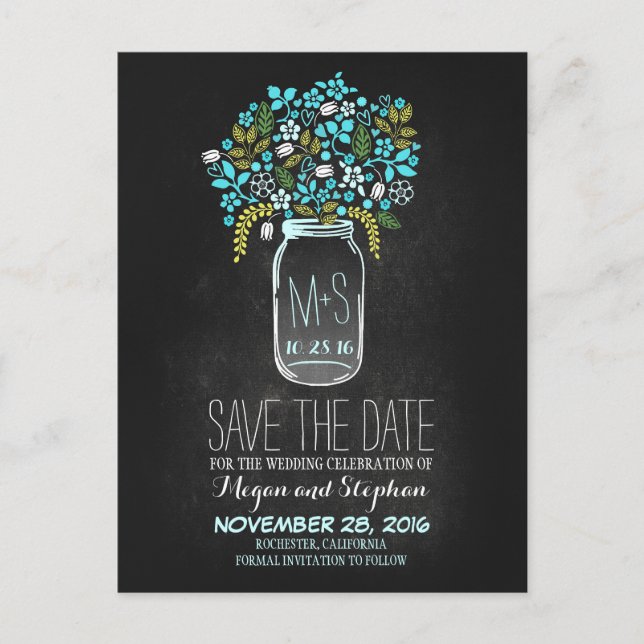 Carte Postale Faire-part Chalkboard enregistrer la date - Floral Mason Jar (Devant)