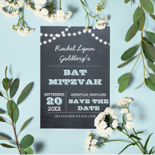 Carte Postale Faire-part Chalkboard Lights Aqua Bat mitzvah Enregistrer la 