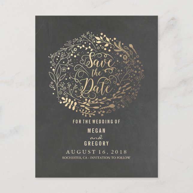 Carte Postale Faire-part chalkboard or floral bouquet enregistrer la date (Devant)