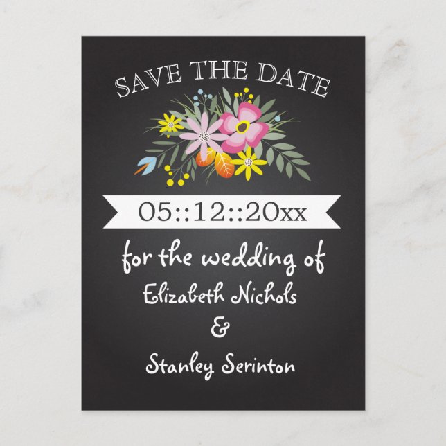 Carte Postale Faire-part Chalkboard rose fleurs mariage Enregistrer la date (Devant)
