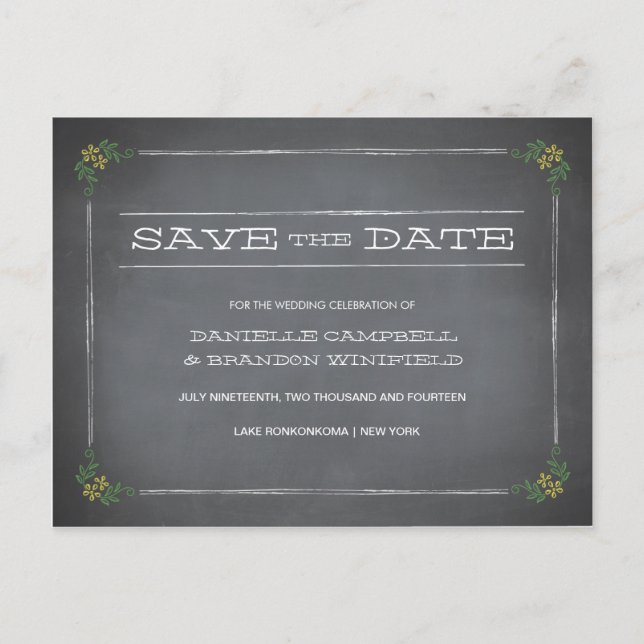 Carte Postale Faire-part Chalkboard Stencil Jaune Enregistrer la date (Devant)