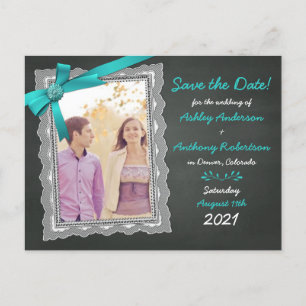 Carte Postale Faire-part Chalkboard Turquoise Bow Photo Wedding Enregistrer