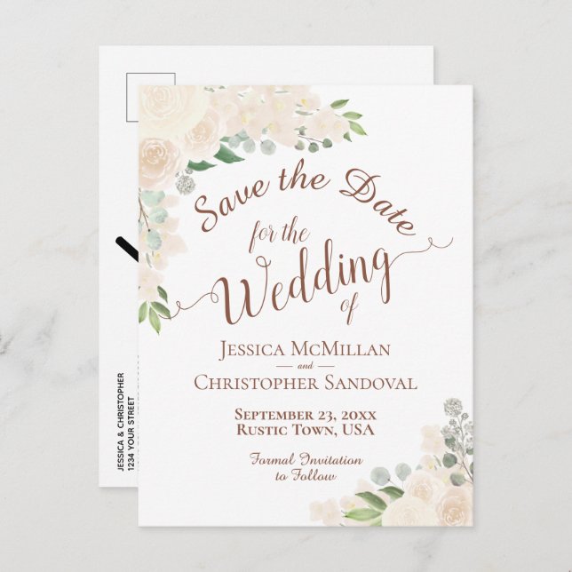 Carte Postale Faire-part Champagne Blush Pêcher mariage floral Enregistrer  (Devant / Derrière)