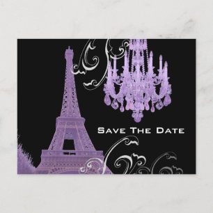 Carte Postale Faire-part Chandelier violet Effiel Tower Enregistrer La Date