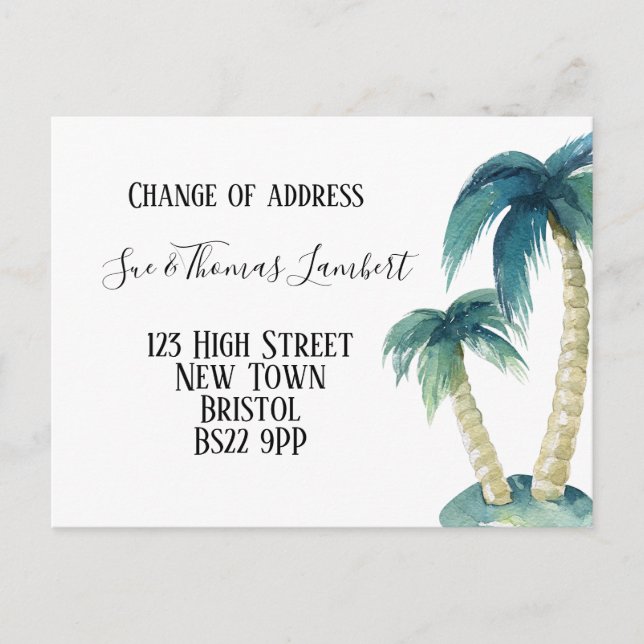 Carte Postale Faire-part Change of address tropical, palm tree, beach (Devant)