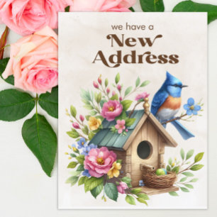 Carte Postale Faire-part Changement d'adresse Birdhouse Blue Bird Flowers