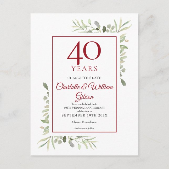 Carte Postale Faire-part Changement de date 40e anniversaire de mariage ver (Devant)