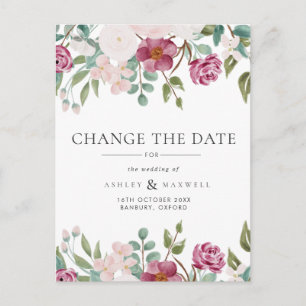 Carte Postale Faire-part Changement de date de mariage floral bordeaux et r