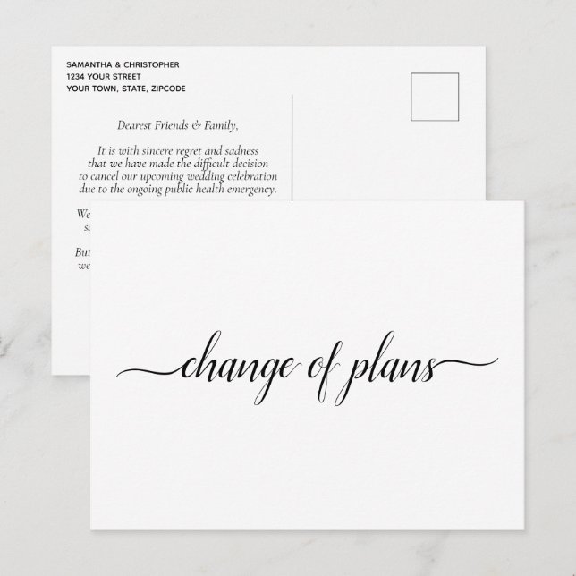 Carte Postale Faire-part Changement de plans Mariage Annulation Report (Devant / Derrière)