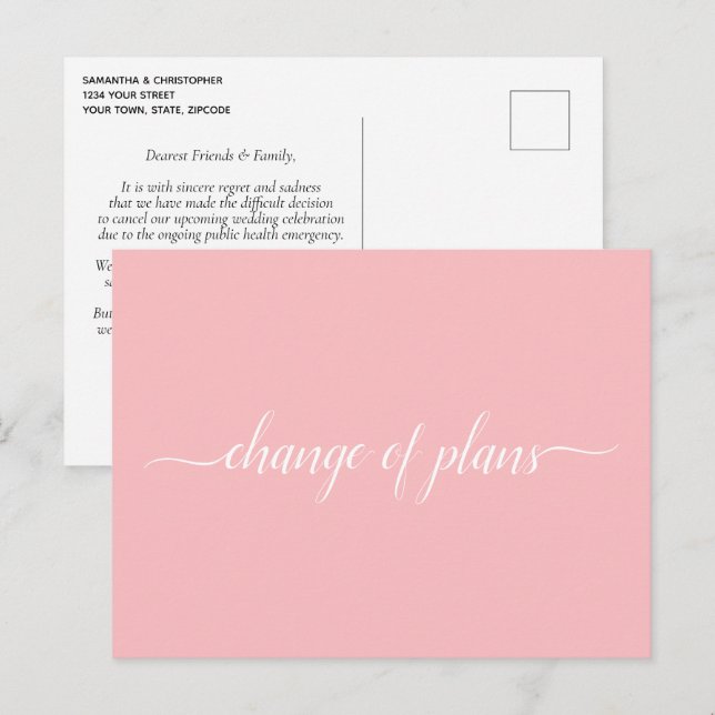 Carte Postale Faire-part Changement de plans Mariage Annulé Reporté Rose (Devant / Derrière)